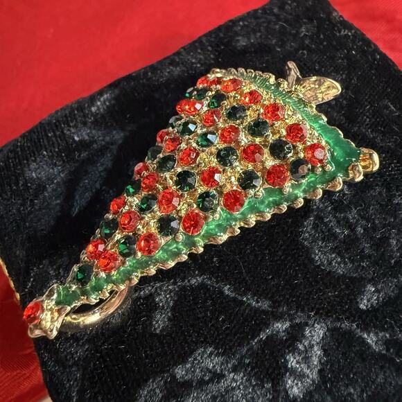 VTG Christmas Tree Pendant Brooch Gold Tone Metal Red Green Rhinestone Enamel 2” - Picture 4 of 12